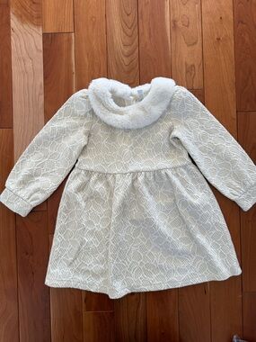 Girls Janie and Jack Cream Textured Dress with Faux Fur Collar size 3